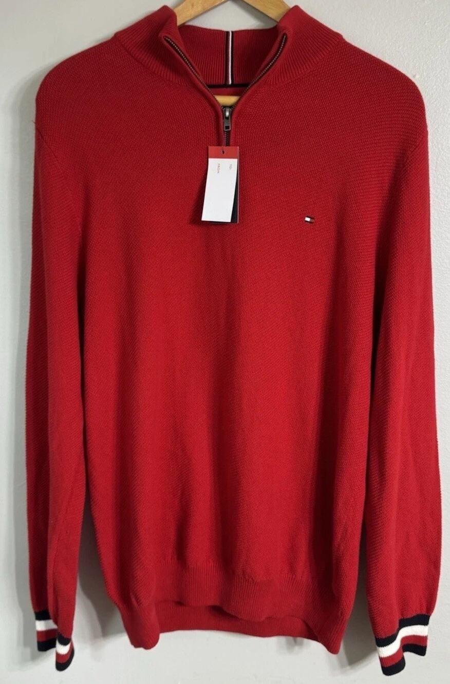 Tommy Hilfiger Sweater Mens XL 1/4 Zip Textured Flag Logo Solid Vibrant Red NEW